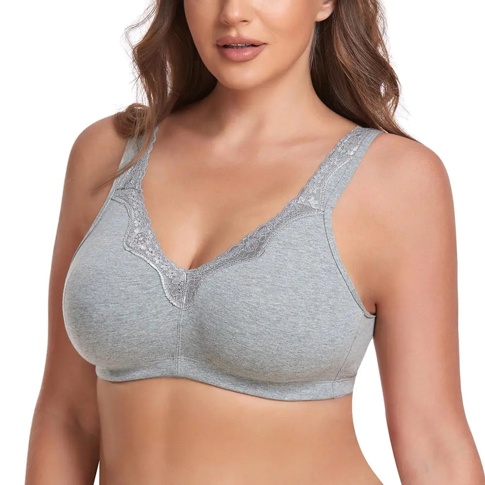 Womens Wireless Plus Size Lace Comfort Cotton Bra Full Coverage Unlined Minimizer Bra 44H Grey