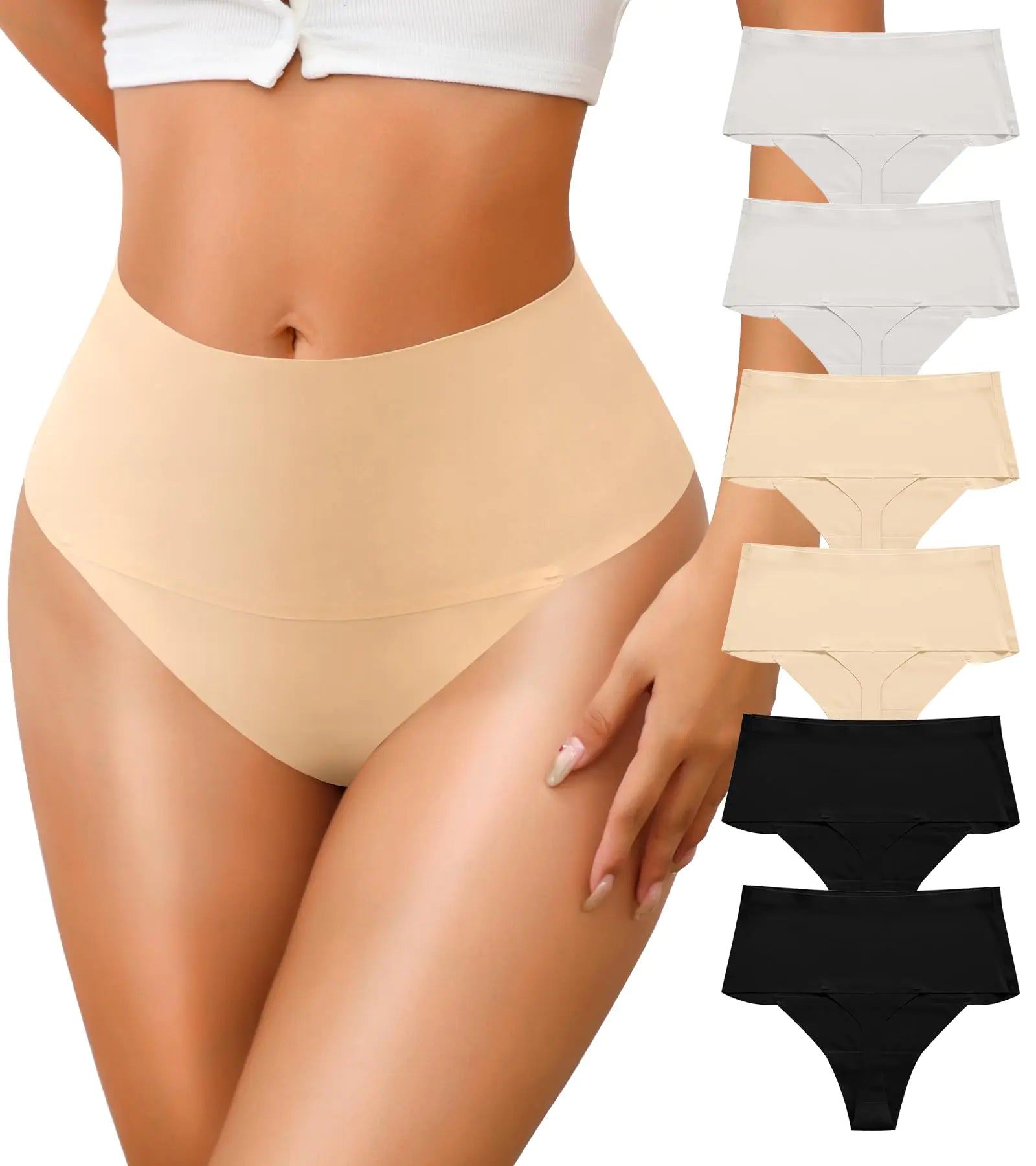 ASIMOON Womens Thongs High Waisted Seamless Underwear Soft Sexy Breathable Panties Lightweight Tummy Control Tangas 6 Pack