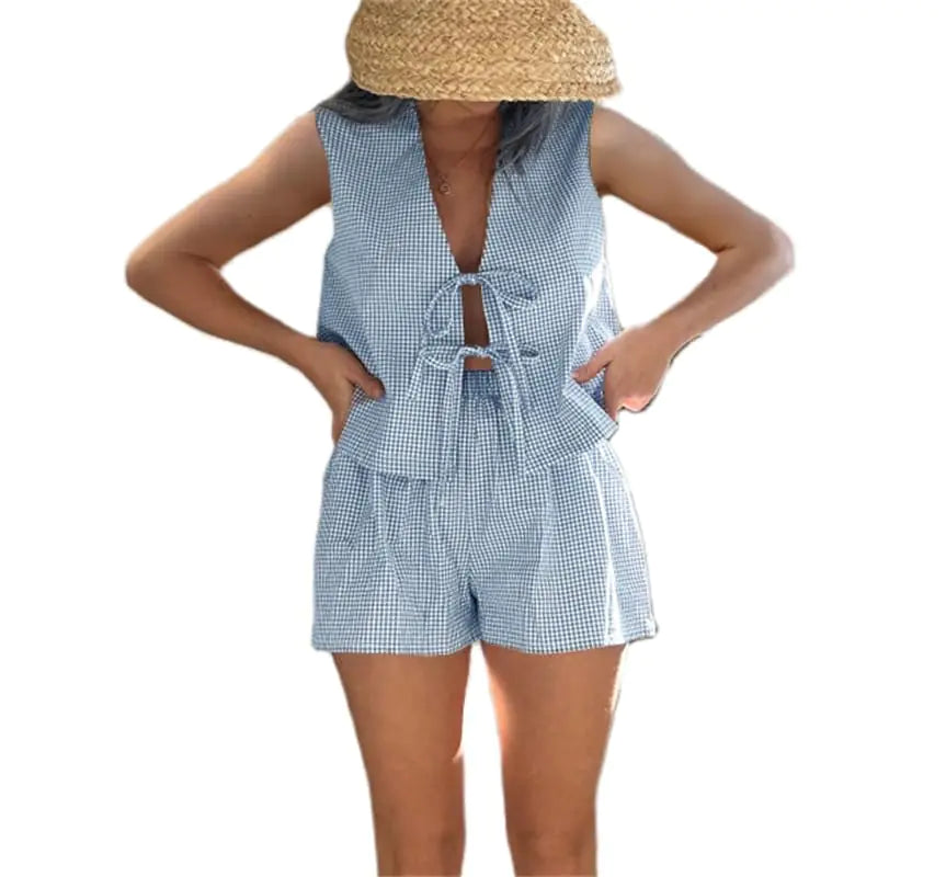Women Casual Summer Lounge Set Y2k 2 Piece Outfits Set Sleeveless Tie Front Tank Top Vest Boxer Shorts Pj Set (Light Blue S)