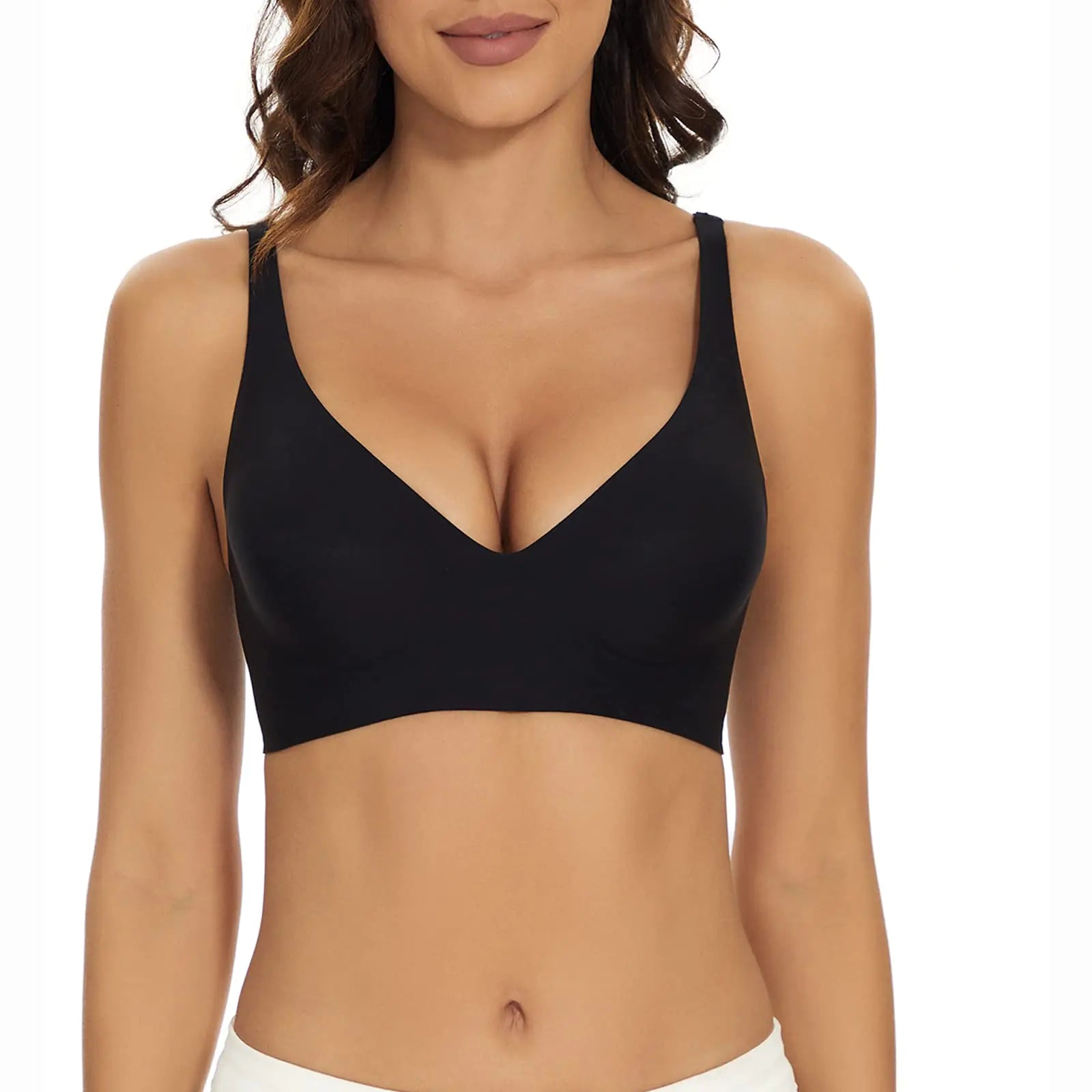 Haullps Wirefree Seamless Bra for Women Invisible Deep V Plunge Bra with Removeable Padding Black