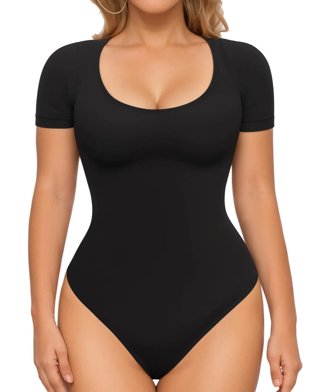 MANGOPOP Shapewear Bodysuits for Women Tummy Control Scoop Neck Short Sleeve Seamless Sculpting Thong Compression body shaper Tops(BlackLarge)