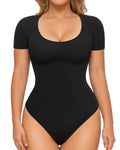 MANGOPOP Shapewear Bodysuits for Women Tummy Control Scoop Neck Short Sleeve Seamless Sculpting Thong Compression body shaper Tops(BlackLarge)