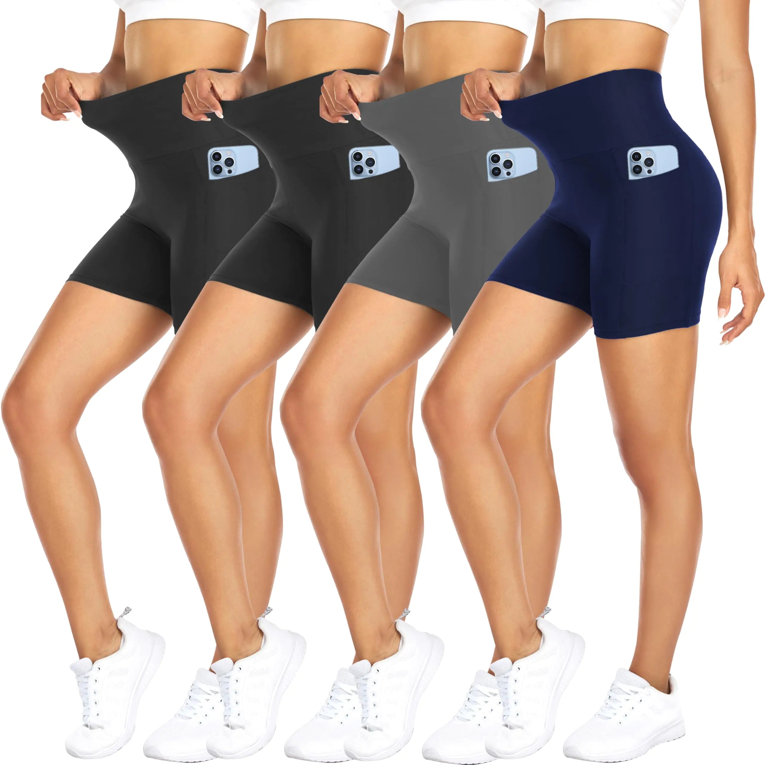 FULLSOFT 4 Pack Biker Shorts for Women – 5" High Waist Tummy Control Workout Yoga Running Compression Exercise Shorts with Pockets(4 Pack Black/Black/Navy Blue/GreySmall-Medium)