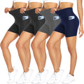 FULLSOFT 4 Pack Biker Shorts for Women – 5" High Waist Tummy Control Workout Yoga Running Compression Exercise Shorts with Pockets(4 Pack Black/Black/Navy Blue/GreySmall-Medium)
