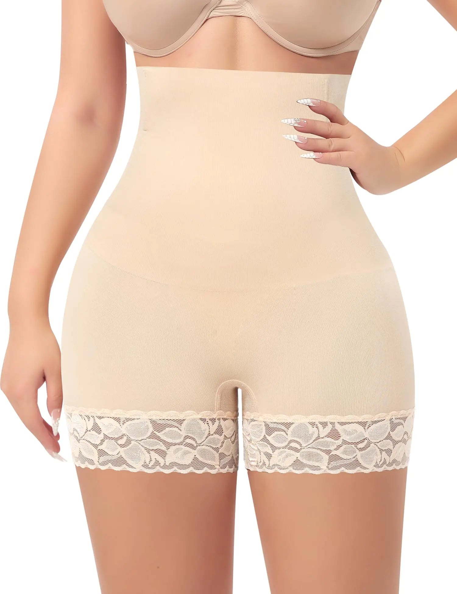 Womens High Wasited Slimming Body Shaper Boy Shorts Seamless Tummy Control Slip Shorts Under Dress Shapewear (#C33 High Waist Lace-BeigeLarge)