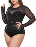 Sveltors Plus Size Sequin Bodysuit for Women:Mesh Long Sleeve Bodysuit - Party