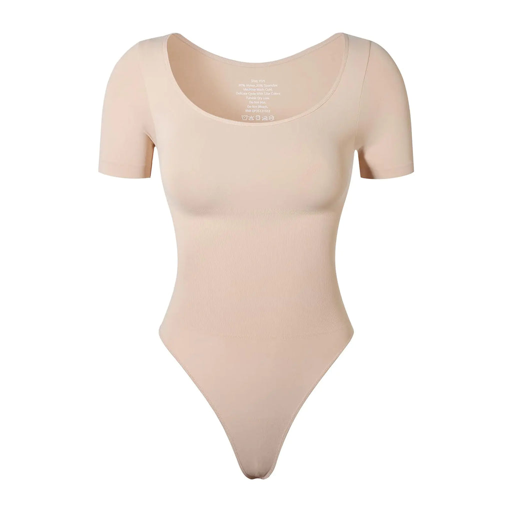 KSKshape Short Sleeve Bodysuit for Women Tummy Control Scoop Neck Shapewear Bodysuit Tshirt TopBeigeXL