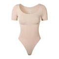 KSKshape Short Sleeve Bodysuit for Women Tummy Control Scoop Neck Shapewear Bodysuit Tshirt TopBeigeXL